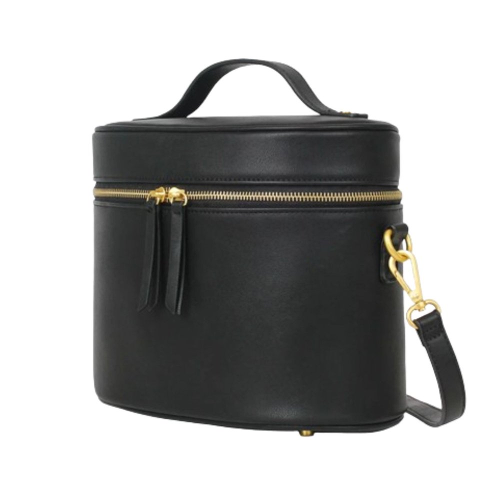 FAWN DESIGN The Train Case, Faux Leather Skin Care Black Makeup Bag with Adjustable Messenger Strap, Travel Toiletry Bag 4 Elastic Band Holders, 5 Interior Pockets and 1 Zipper Pocket, 10x6x8 inches