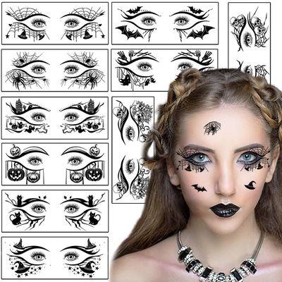 10 Sheets Halloween Makeup Eye Shadow Tattoos Stickers Eyeliner Decals Prank Spider Web Skull Bat Temporary Tattoo Kit Fake Face Decals eye Makeup Stickers Masquerade Party
