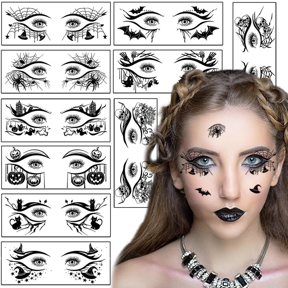 10 Sheets Halloween Makeup Eye Shadow Tattoos Stickers Eyeliner Decals Prank Spider Web Skull Bat Temporary Tattoo Kit Fake Face Decals eye Makeup Stickers Masquerade Party