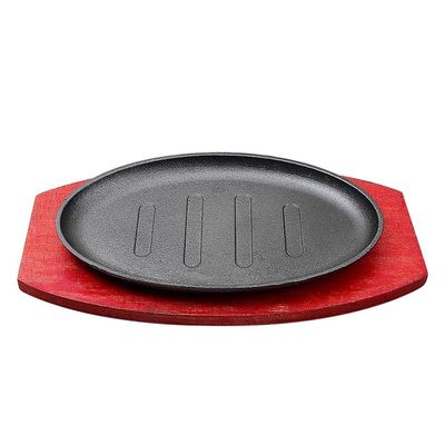 3 Sizes Cast Iron Steak Platter Plate BBQ Grill Pan Cooking Wooden Holder Teppanyaki Plate (Size : Large)