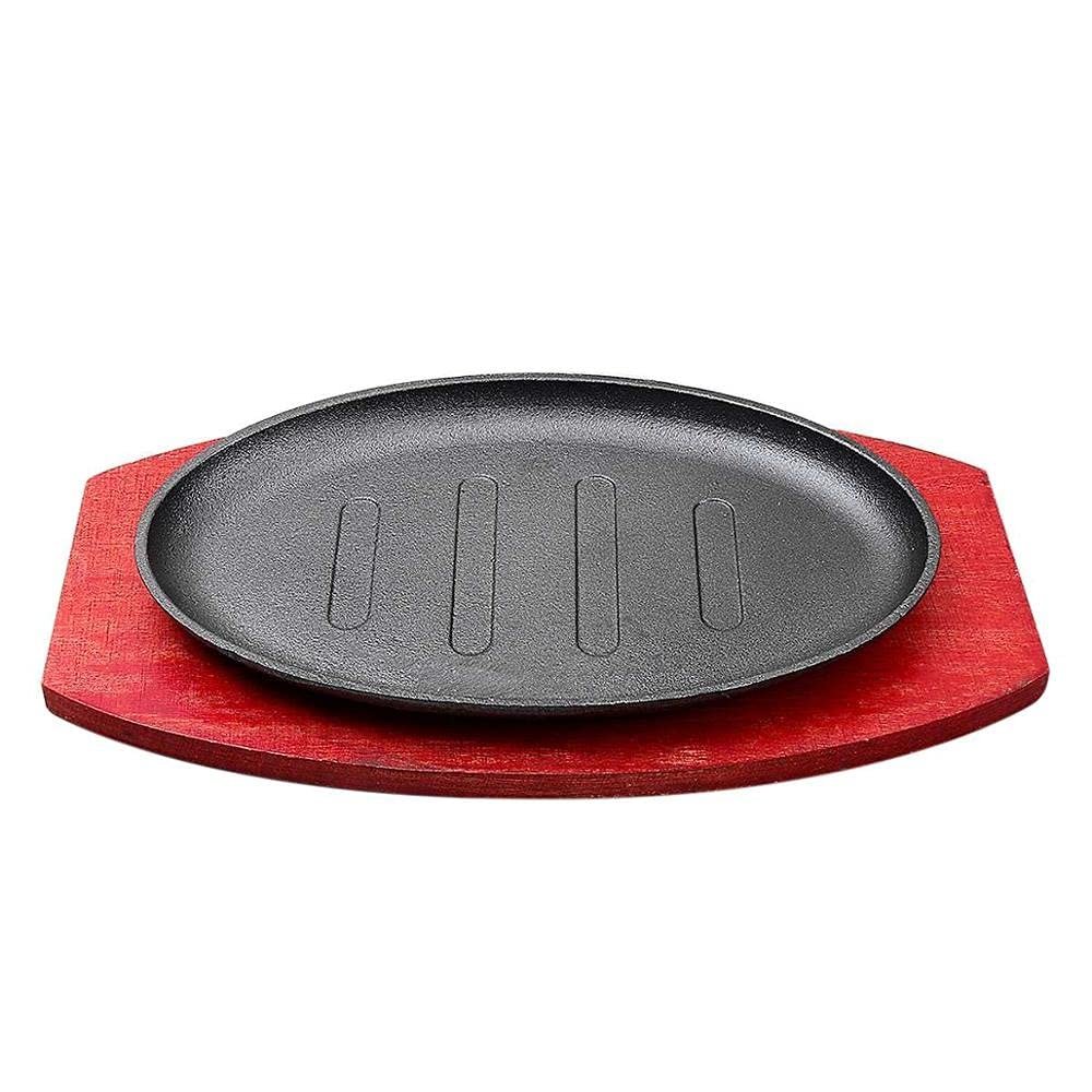 3 Sizes Cast Iron Steak Platter Plate BBQ Grill Pan Cooking Wooden Holder Teppanyaki Plate (Size : Large)