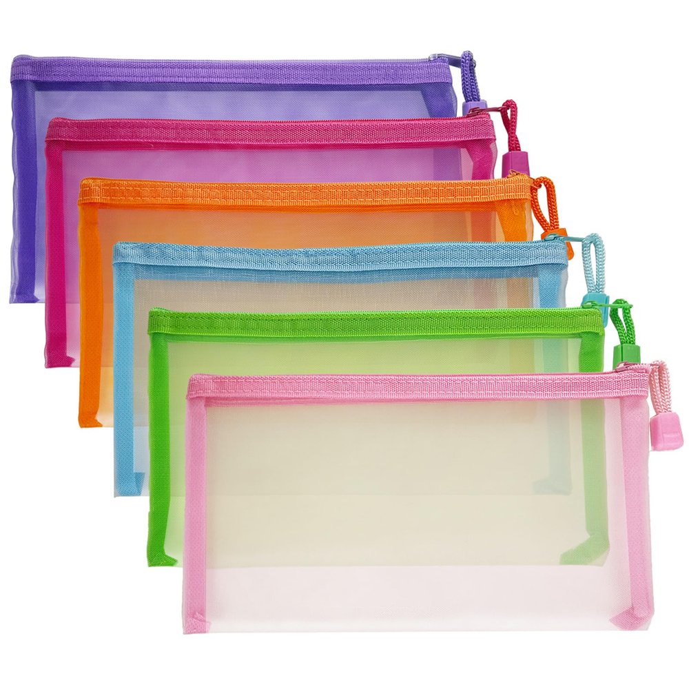 CarryEpic Mesh Pouches(6 Pack), Mesh Bags with Zipper Nylon Makeup Pouches Bag Cosmetic Pouch Travel Purse Organizer Insert Diaper Inside Bag Organizers Home Organizing Size See Through Cute Colors