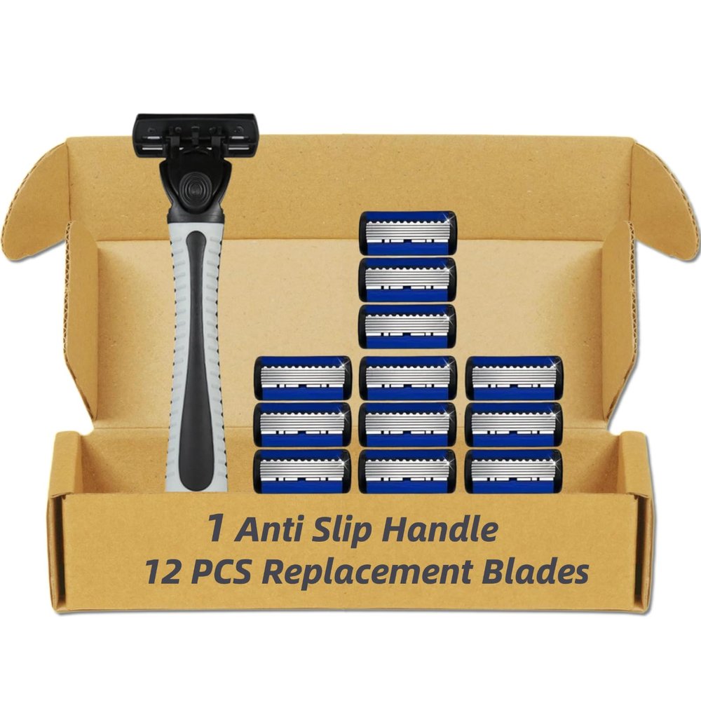 6-Blade Razor for Men, Men's Razors Set Includes Handle & Blade Refills, Precision Manual Beard Trimmer Safety Men Shaving Essentials Kit Travel Face Cleansing Shaver (1 Razor + 12 Blades)