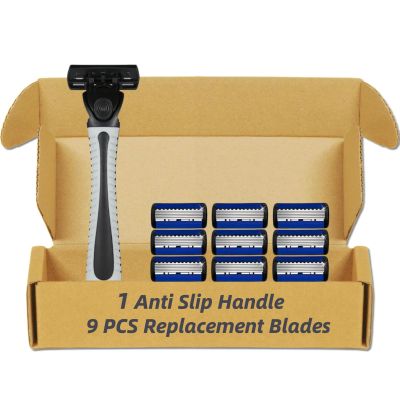 6-Blade Razor for Men, Men's Razors Set Includes Handle & Blade Refills, Precision Manual Beard Trimmer Safety Men Shaving Essentials Kit Travel Face Cleansing Shaver (1 Razor + 9 Blades)