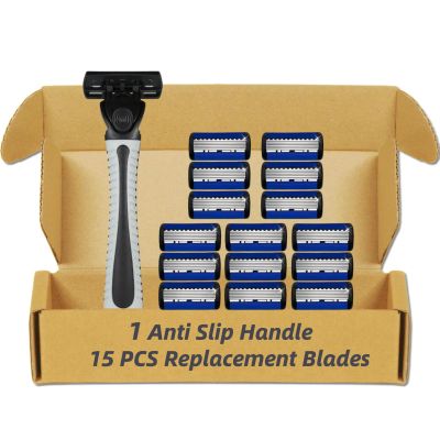 6-Blade Razor for Men, Men's Razors Set Includes Handle & Blade Refills, Precision Manual Beard Trimmer Safety Men Shaving Essentials Kit Travel Face Cleansing Shaver (1 Razor + 15 Blades)