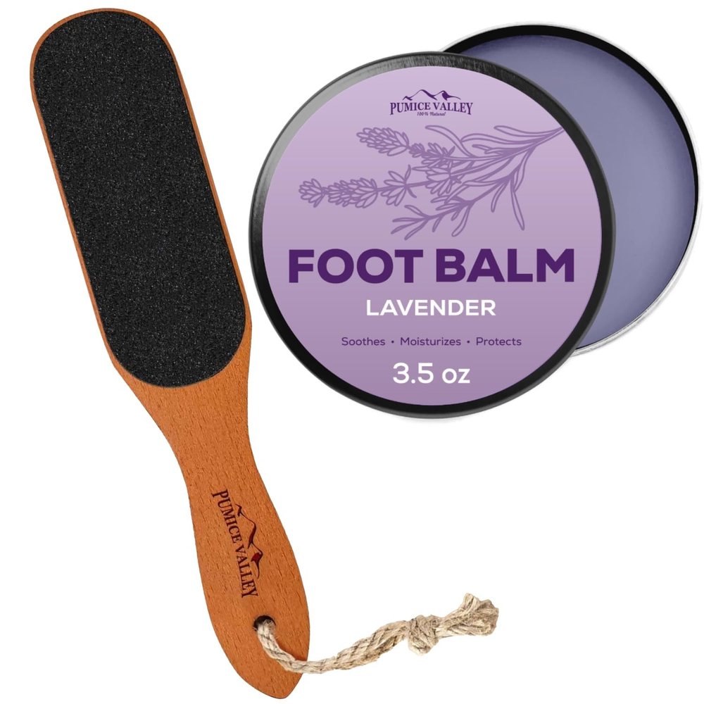 Pumice Stone Foot File - Wooden Pedicure Feet Scrubber with Handle - Natural Earth Lava Black - Callus/Corn Remover for Feet Heels and Palm - Lavender Foot Lotion 3.5 Oz