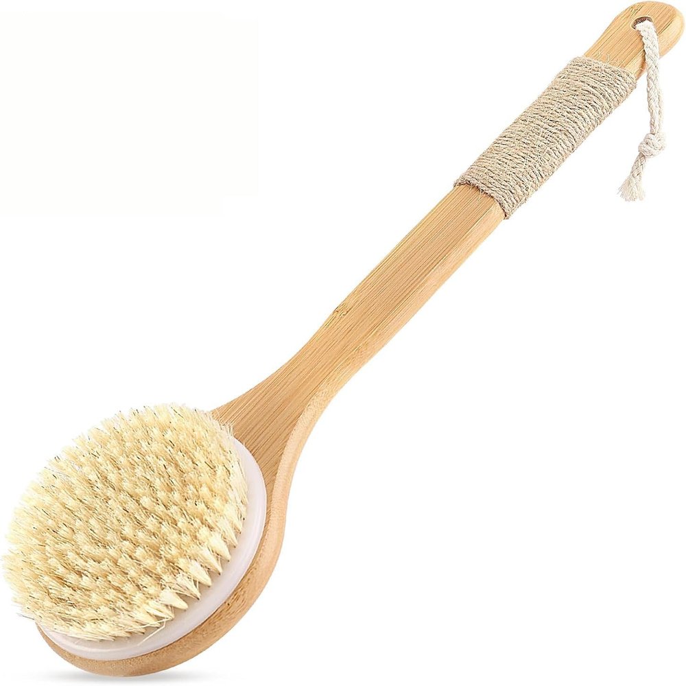 GEDRACKPMYN Back Shower Scrubber, Bath Wash Brush with Long Handle for Women Men Shower Spa Massage, Natural Bristles Bamboo Wooden Dry Skin Exfoliating