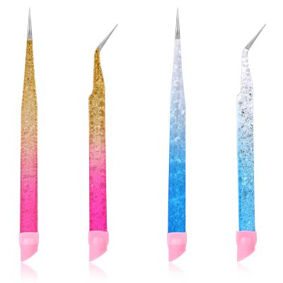 4 Pcs Stainless Steel Tweezer with Silicone Pressing Head, Double Ended Nail Art Tweezers, Multipurpose Straight and Curved Tip Tweezers for Eyelash Extensions, Nail Art Sticker, Jewel Gem Pick