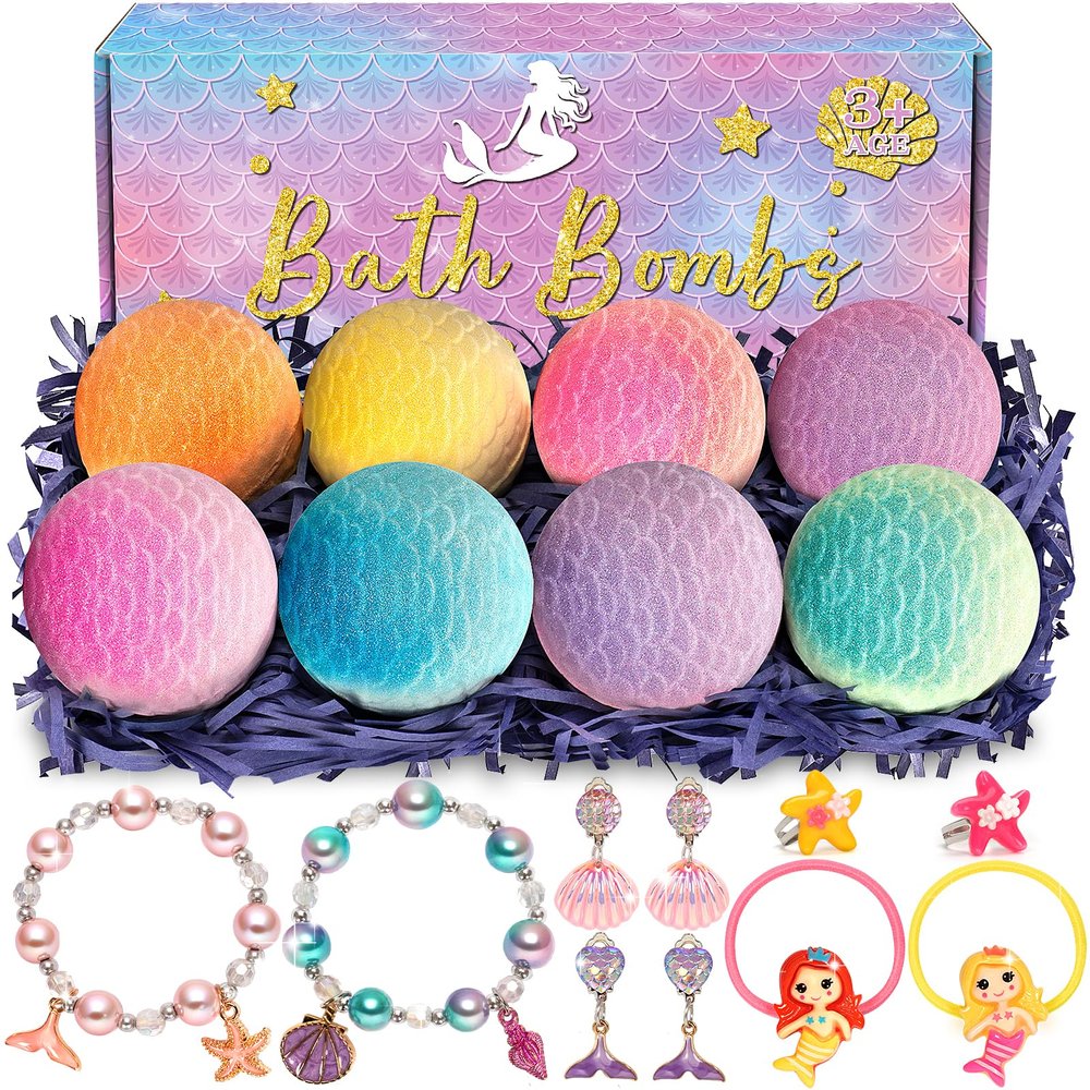 8 Packs Mermaid Bath Bombs for Kids Girls, Bubble Bath Bomb Kit with Surprise Toys Inside, Bath Toys for Kids Aged 4-8, Ideal Birthday Christmas Gifts Stocking Stuffers for Girls 3 4 5 6