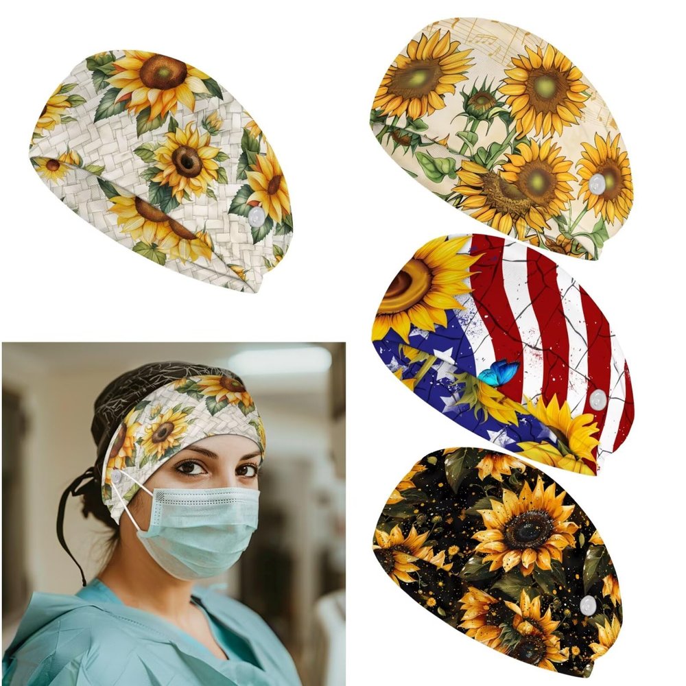 Uorisanigo 4 Pack Headbands for Women with Buttons Ear Saver for Face Mask Sunflower Nursing Headbands for Nurses Doctors Non-Slip Workout Headband Ear Protection Sweatband