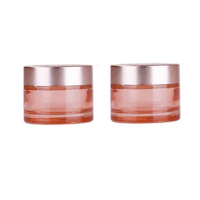 2 PCS 50ml /1.7oz Empty Pink Glass Cream Jars Pots Cosmetic Jars with Rose-Golden Cover and Inner Liner Refillable Makeup Sample Packing Face Cream Eye-shadow Moisturizer Emulsion Bottles Containers