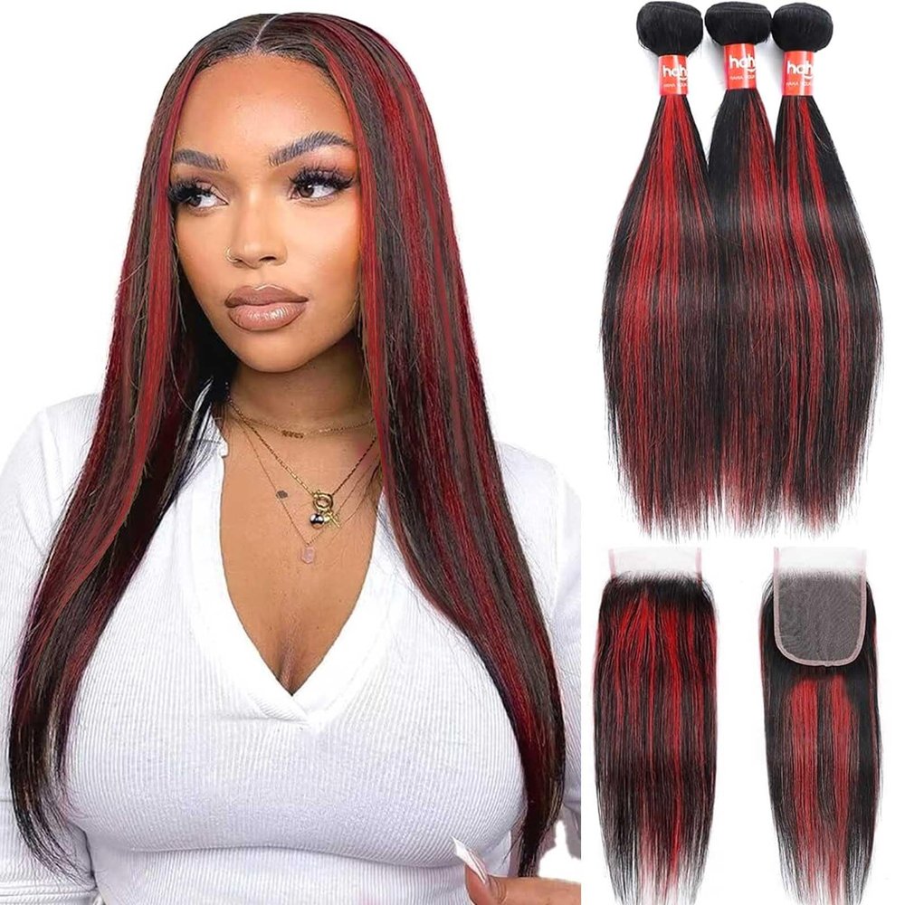 Haha Highlight Red Human Hair With Lace Closure 1B/99J Burgundy Highlight Ombre Bundles Straight Weave With Closure 4x4 Free Part 20 22 24+18 Inch Piano Color