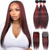 Haha Highlight Red Human Hair With Lace Closure 1B/99J Burgundy Highlight Ombre Bundles Straight Weave With Closure 4x4 Free Part 20 22 24+18 Inch Piano Color view 1