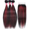 Haha Highlight Red Human Hair With Lace Closure 1B/99J Burgundy Highlight Ombre Bundles Straight Weave With Closure 4x4 Free Part 20 22 24+18 Inch Piano Color view 2