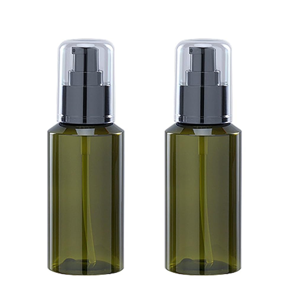 2Pcs 100ml/3.3oz Empty Green Plastic Lotion Pump Bottles with Black Pump Top Refillable Travel Liquid Soap Dispenser Jars Packing Storage Container for Cosmetic Remover Oil