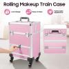 Eleeferri Rolling Makeup Train Case, Rolling Trolley Cosmetic Case, Portable Manicure Storage Case, Jewelry Travel Cosmetic Train Case with 4 Wheels for Manicurists Makeup Artists (Pink) view 2