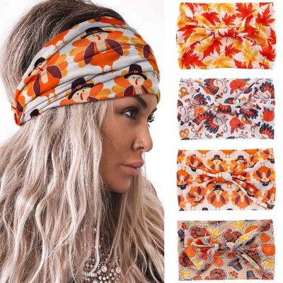 Acenail Wide Headbands Knotted Turban Fall Headband Elastic Nonslip Turkey Hairbands Workout Head Wraps Yoga Running Hair Scarfs Thanksgiving Hair Accessories for Women 4Pcs (Turkey A, 9.8*5.9 inches)