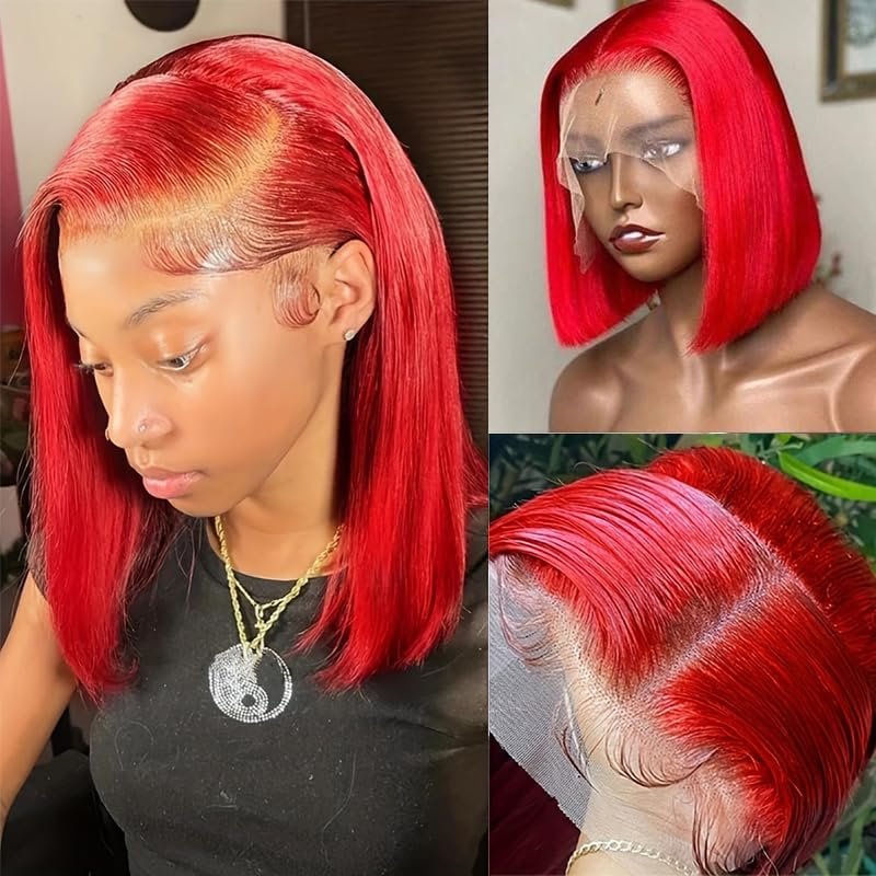 13x4 HD Transparent Blunt Cut Bob Wigs - Human Hair Lace Front - Wear and Go, Glueless, Pre Plucked, Natural Hairline - Red Lace Frontal Bob Wigs for Women