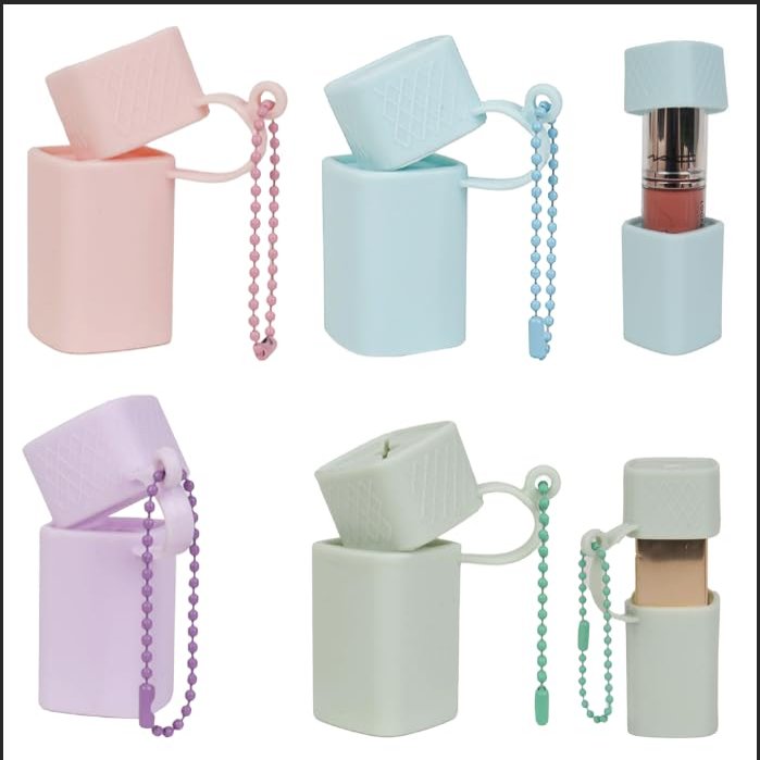 4 pcs Silicone Lip Balm Holder Lipstick Cases Keychain Chapstick Case Holder Lip Balm Sleeves Pouch, Portable Silicone Lip Gloss with Ball Bead Chain (4 pcs, Pink01 + Blue02+Purple03 + Green04)