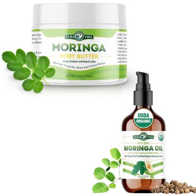 100% Natural Ingredients Moringa Oil Body Butter for Dry Skin with Vitamin A, C, and E and 100% Pure Moringa Oil Organic for Face, Hair, Nails and Dry Skin - USDA Certified