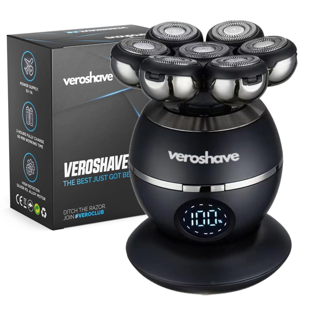 Veroshave 7-Blade Bald Head Shaver for Men - Cordless Hair Shaver for Men Bald, Rechargeable Head Trimmer for Men Bald Head, Mess-Free & Full-Shave Travel-Friendly Grooming Kit with Curved Blades