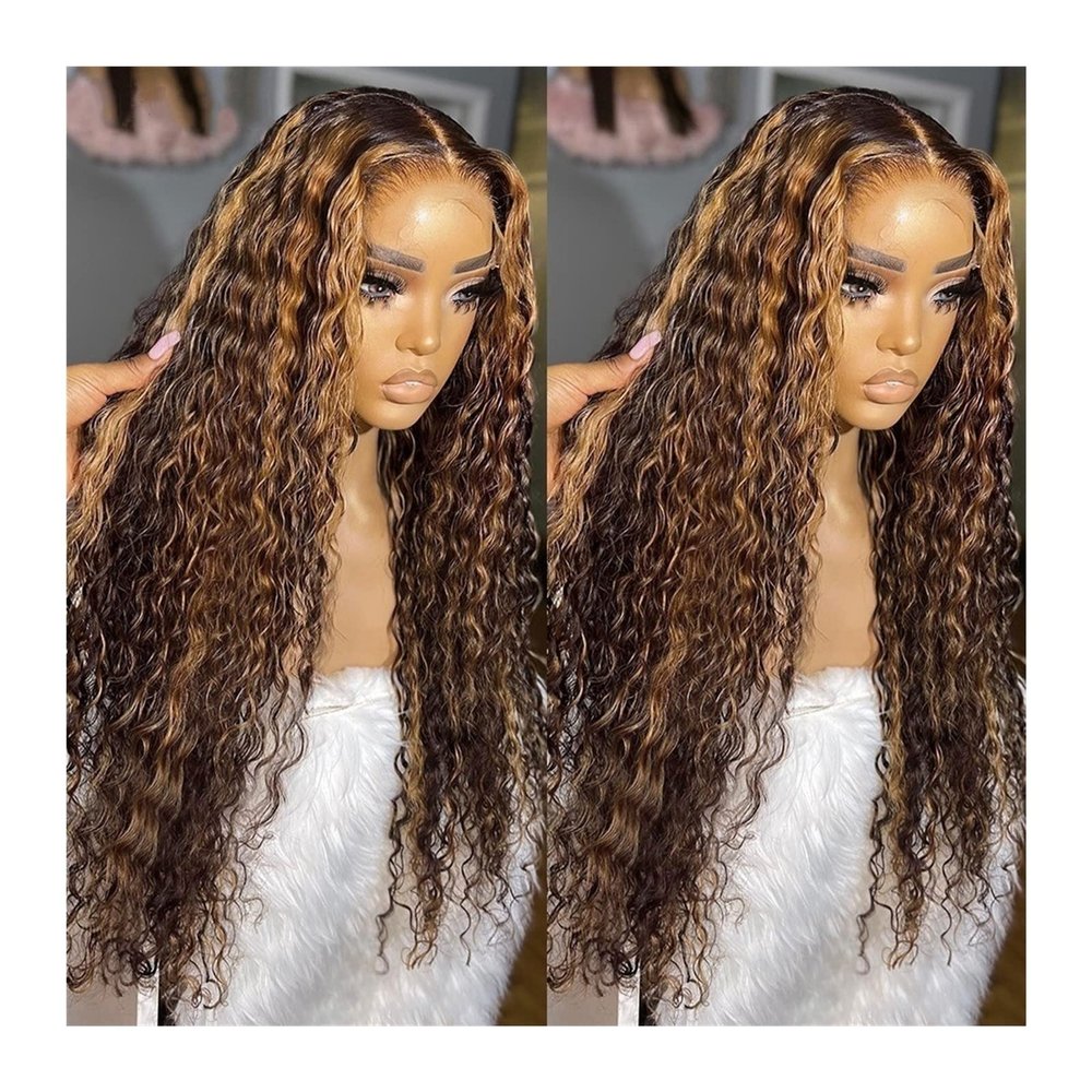 JCZVQPAB Wigs Highlight Honey Blonde Colored HD Lace Frontal Wigs Curly Human Hair Wig 150% Deep Wave Lace Front Wigs Transparent Remy Hair Lace Wigs for Women Wig(13x4 HD Lace Wig,28 Inch)