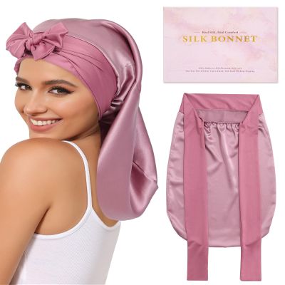 AWAYTR 100% Mulberry Silk Bonnet - Long Hair Cap for Sleeping Tie Band Bonnet for Braids Curly Hair (Rose Gold)