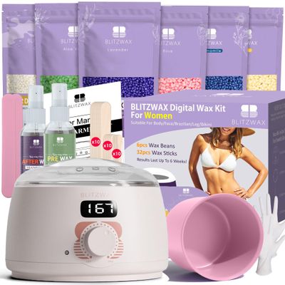 BLITZWAX Brazilian and Bikini Waxing Kit for Women, Hard Wax Warmer for Face, Legs, and Body, At Home Hair Removal Kit, Beginner Friendly, Quick Heating, 6 Packs Wax Beads