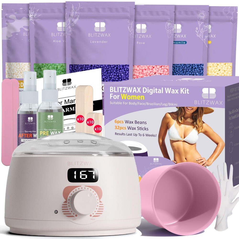 BLITZWAX Brazilian and Bikini Waxing Kit for Women, Hard Wax Warmer for Face, Legs, and Body, At Home Hair Removal Kit, Beginner Friendly, Quick Heating, 6 Packs Wax Beads