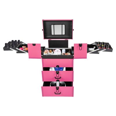 3-Tiers Beauty Salon Luggage,110.23Lbs Load Cosmetics Rolling Organizer with 4 Retractable Trays and 2 Drawers and Brakes,Rose Free Standing Cosmetic Train Cases for Travel Makeup,Outdoor Shooting 