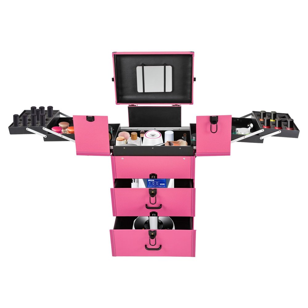 3-Tiers Beauty Salon Luggage,110.23Lbs Load Cosmetics Rolling Organizer with 4 Retractable Trays and 2 Drawers and Brakes,Rose Free Standing Cosmetic Train Cases for Travel Makeup,Outdoor Shooting 