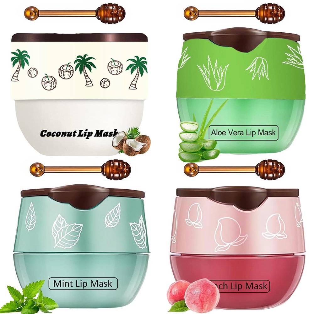 TIRDET 4 PCS Bee Lip Balm Honey Pot, Coconut Aloe Vera Peach Mint Sleeping Lip Mask Overnight with Sticks, Exfoliating Prevention Dry and Crack Lip Scrubs