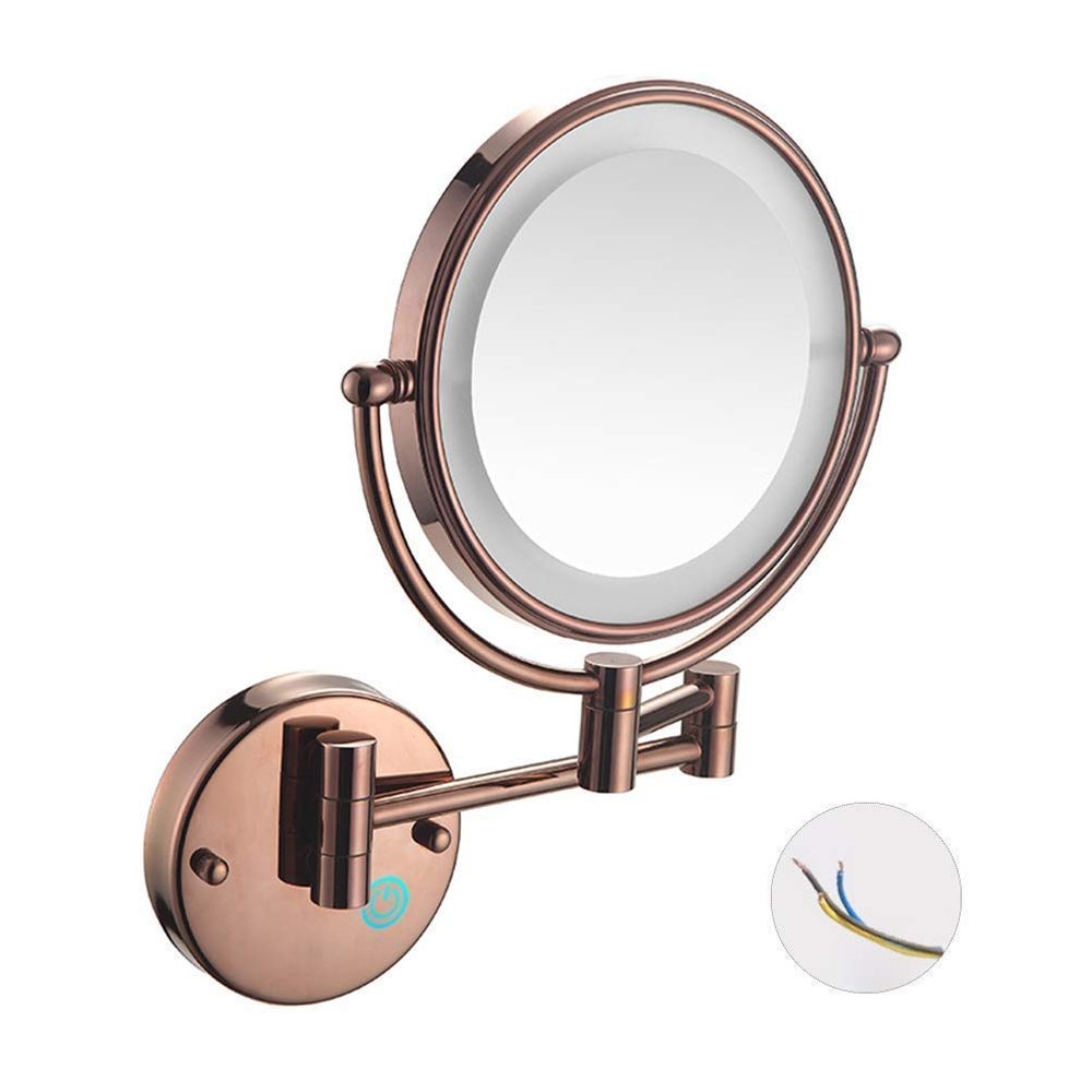 MFQJJRRMI Vanity Mirror,Bathroom Makeup Mirror Wall Mounted Shaving 8 Inch with 7X Magnification Led Bedroom(Rose Gold,10X)