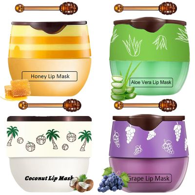 TIRDET 4 PCS Bee Lip Balm Honey Pot, Honey Coconut Aloe Vera Grape Sleeping Lip Mask Overnight with Sticks, Exfoliating Prevention Dry and Crack Lip Scrubs