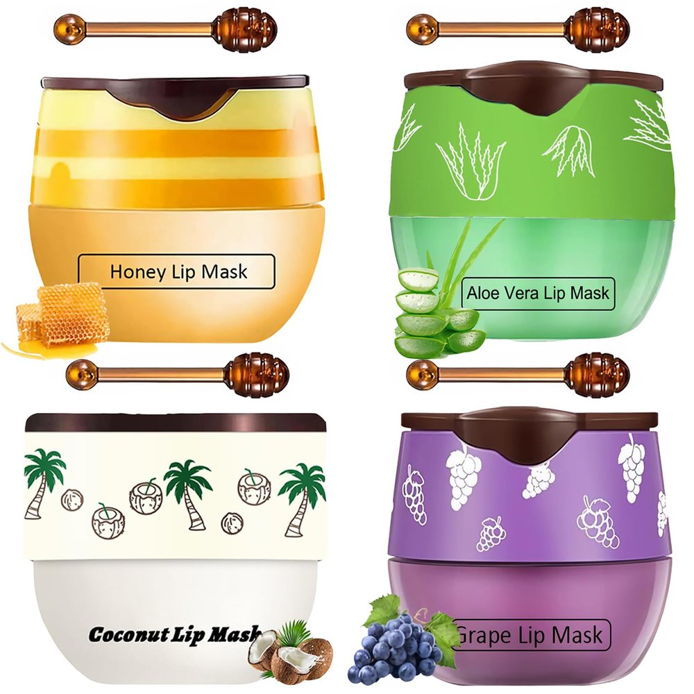 TIRDET 4 PCS Bee Lip Balm Honey Pot, Honey Coconut Aloe Vera Grape Sleeping Lip Mask Overnight with Sticks, Exfoliating Prevention Dry and Crack Lip Scrubs