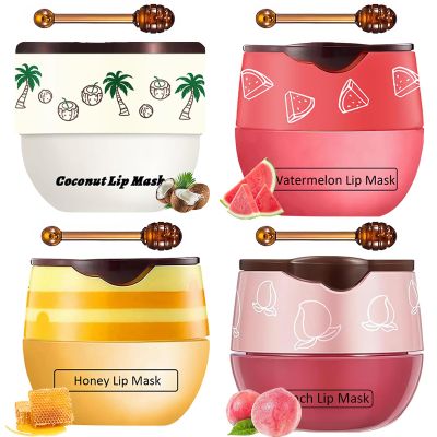TIRDET 4 PCS Bee Lip Balm Honey Pot, Honey Coconut Watermelon Peach Sleeping Lip Mask Overnight with Sticks, Exfoliating Prevention Dry and Crack Lip Scrubs