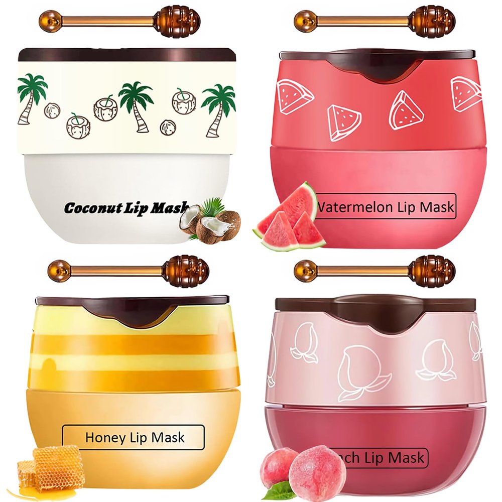 TIRDET 4 PCS Bee Lip Balm Honey Pot, Honey Coconut Watermelon Peach Sleeping Lip Mask Overnight with Sticks, Exfoliating Prevention Dry and Crack Lip Scrubs