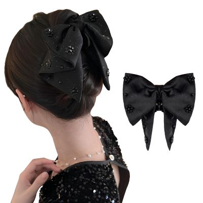 KXF Silky Satin Bow Hair Claw Clip French Barrette with Rhinestone Soft Bow Knot Ribbon Hairpin for Women