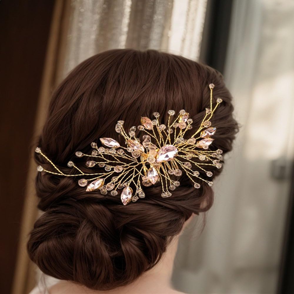 Asphinien Handmade Vintage Crystal Wedding Hair Combs Bride Bridesmaid Ruby Sapphire Emerald Crystal Headband with Comb for Wedding Bridal Side Combs for Women (Pink)