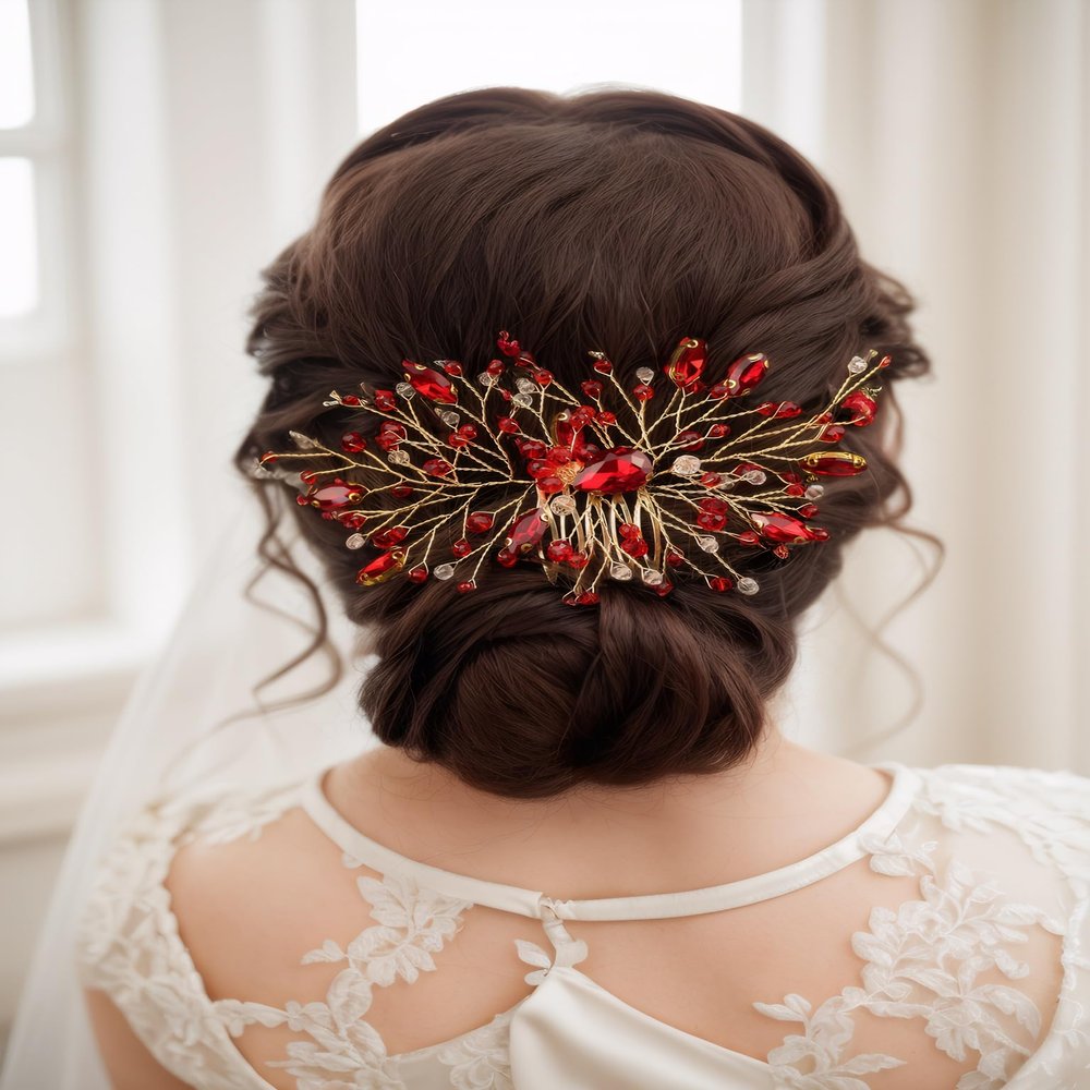 Asphinien Handmade Vintage Crystal Wedding Hair Combs Bride Bridesmaid Ruby Sapphire Emerald Crystal Headband with Comb for Wedding Bridal Side Combs for Women (Red)