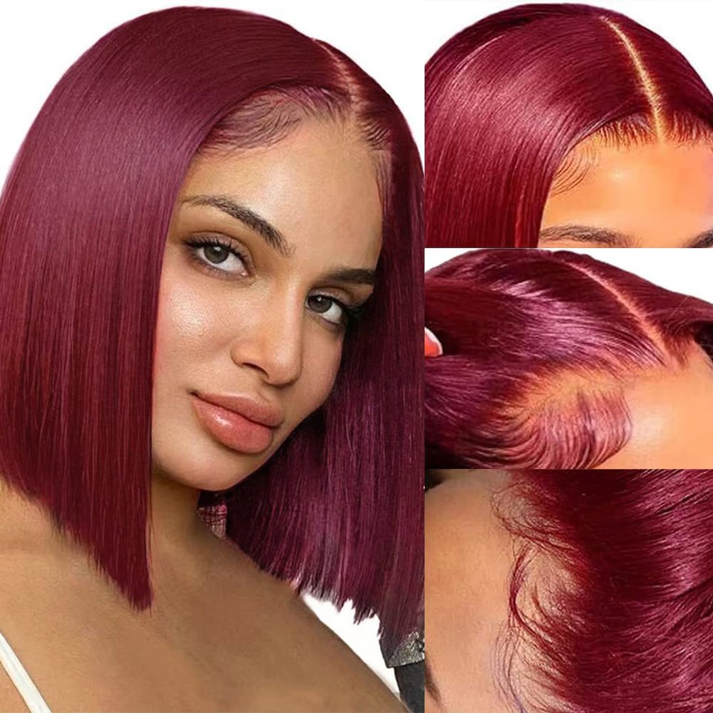 99j Burgundy 4x4 Straight Bob Wig Human Hair Hd Lace Closure Wigs Human Hair Gluless 100% Remy Human Hair for Women Transparent Lace 12 Inch
