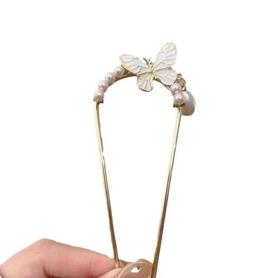 2pcs U -shaped French Hairpin, White Butterfly Pearl Hair Comb Woman Elegant Metal Hair Chopsticks for Thick Long Hair Buns Hair Accessories