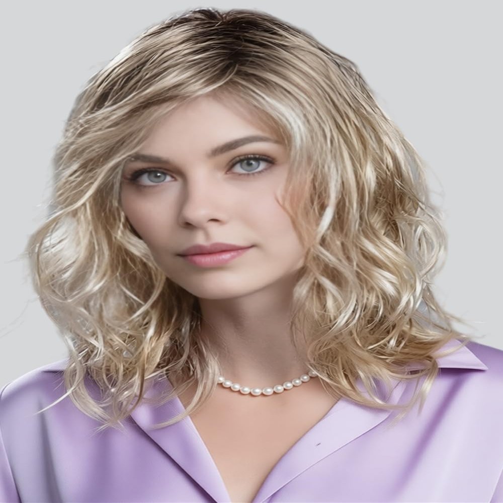 TISHINING Ombre Blonde Wavy Wigs for White Women Medium Length Layered Mixed Blonde Curly Wavy Wig with Dark Roots Synthetic Natural Looking Daily Party Wig (18 Inch)