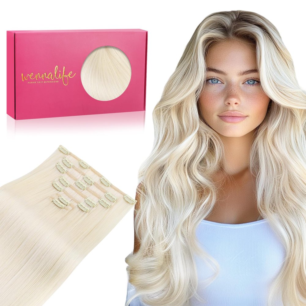 WENNALIFE Clip in Hair Extensions, 20 Inch 120g 7pcs Real Human Hair, White Blonde Remy Hair Extensions Clip Ins Double Weft