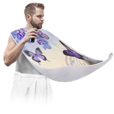 Purple Floral Butterflies Beard Bib for Men Non-Stick Beard Trimming Catcher Adjustable Shaving Bib for Men Birthday Valentines's Day Gifts for Men Boyfriend Husband