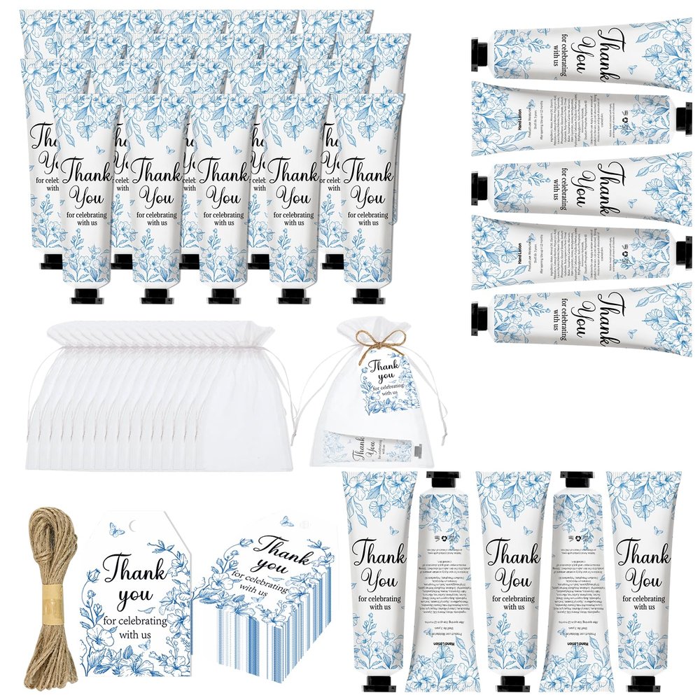 50 Sets Blue Flower Baby Shower Hand Cream Set, Favors Party for Guests Bridal Wedding Gift Bulk Baby Shower Travel Size Hand Cream Blue Flower with Thank You Card and Organza Gift Bags(blue flower)
