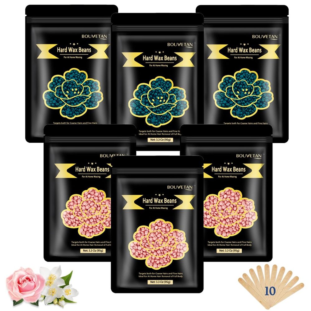 Wax Beads for Hair Removal, Bouvetan 1.3Lb/21oz Hard Waxing Beads for Brazilian Waxing, Waxing Beads for Eyebrow, Face, Bikini, Legs, Arms for Women Men Hair Removal with 10pcs Spatulas, 6 Packs