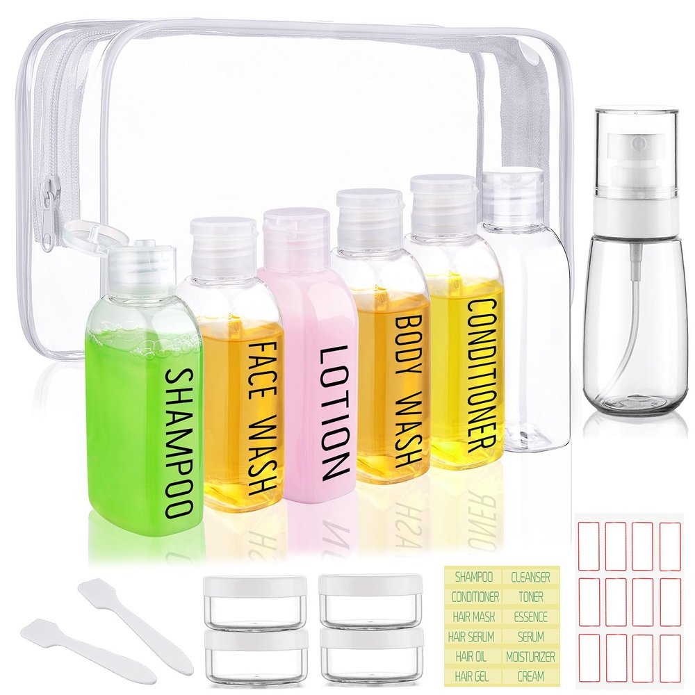 Wowang Travel Bottles for Toiletries 10 Pcs 3.4oz Travel Size Toiletries TSA Approved Pre-labeled Travel Shampoo Bottles Refillable Spray Bottle Leak Proof Small Cream Jars for Body Wash Lotion(Clear)
