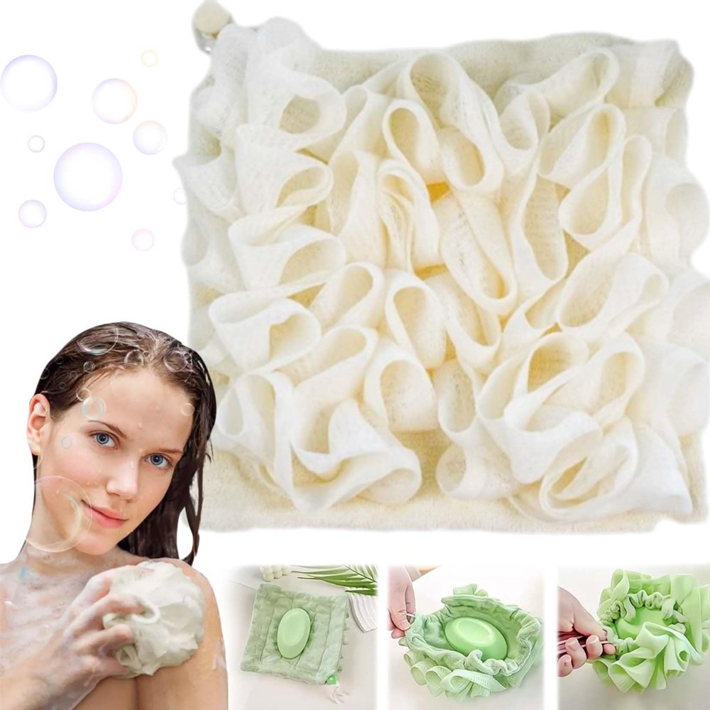 Washcloth Loofah Combo, The Leeffa Loofah and Wash Cloth, Wash Cloth Loofah Combo, 2 in 1 Bath Loofah Sponge with Drawstring Washcloth, Loofah Bath Ball with Soft, Skin-Friendly Foam (Beige)