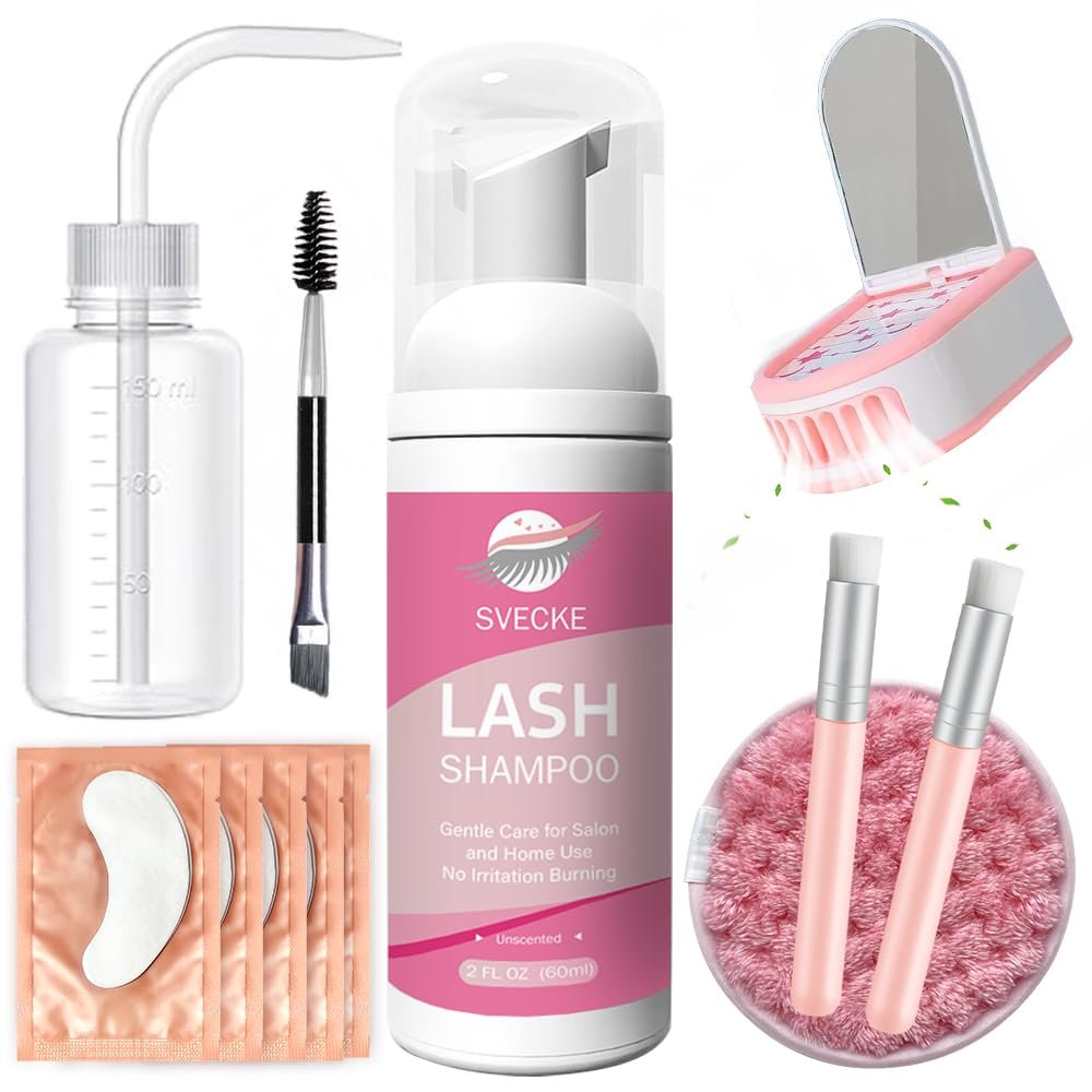 SVECKE Lash Shampoo Kit, 2 fl.oz / 60ml Eyelash Cleanser, Eyelash Shampoo for Lash Extensions, Lash Cleaning Kit with Lash Fan Dryer, Eyelash Remover for Salon and Home Use